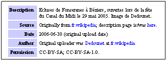 Zone de Texte: Description
Ecluses de Fonseranes à Béziers, ouvertes lors de la fête du Canal du Midi le 29 mai 2005. Image de Dedounet.
Source
Originally from fr.wikipedia; description page is/was here.
Date
2006-06-30 (original upload date)
Author
Original uploader was Dedounet at fr.wikipedia
Permission
 
CC-BY-SA; CC-BY-SA-1.0.
 
